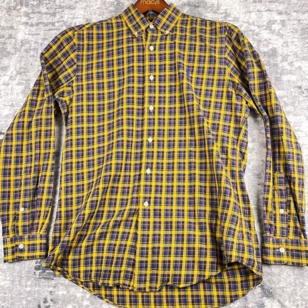 Vtg Polo Ralph Lauren Custom Fit Tartan Plaid  Button‎ M Yellow Blue